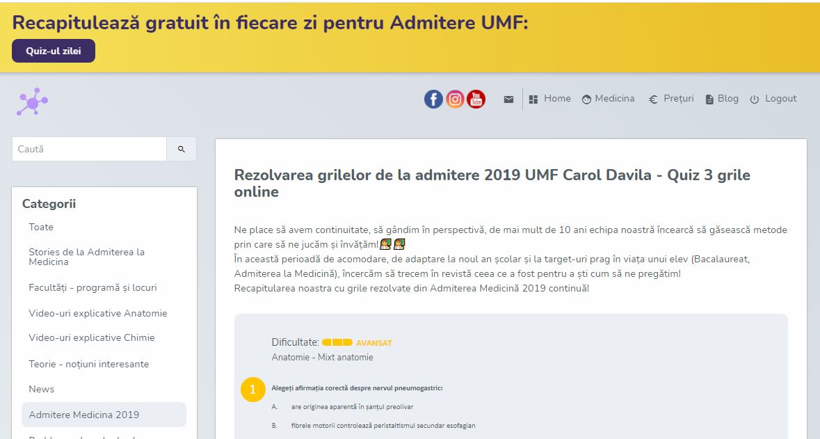 Rezolvarea grilelor de la admitere 2019 UMF Carol Davila - Quiz 3 grile online