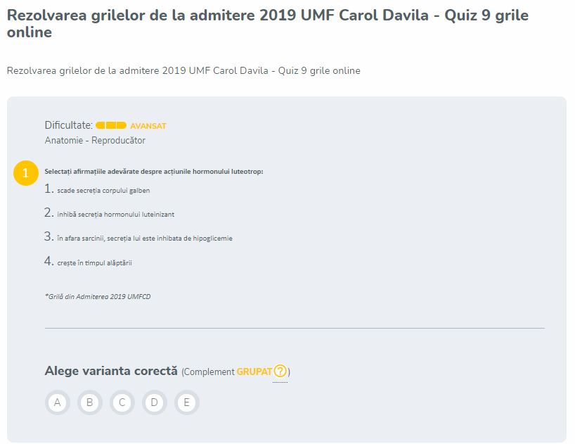 Rezolvarea grilelor de la admitere 2019 UMF Carol Davila - Quiz 9 grile online